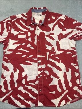 Toad & Co Men's Large Red White Tropical Leaf Short Sleeve Button Up Shirt